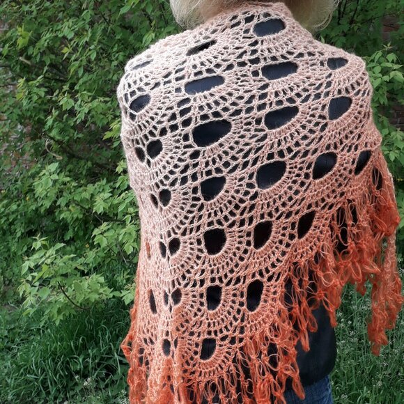 Handmade Crochet Lace Shawl Angora Beige Orange Wrap - Picture 3 of 4